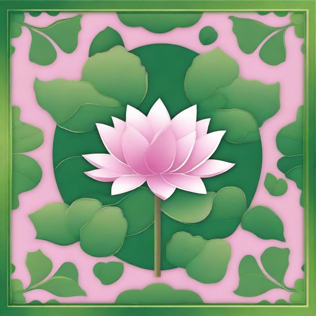 A green background featuring a pink lotus surrounded by small leaves, designed in a tile pattern.