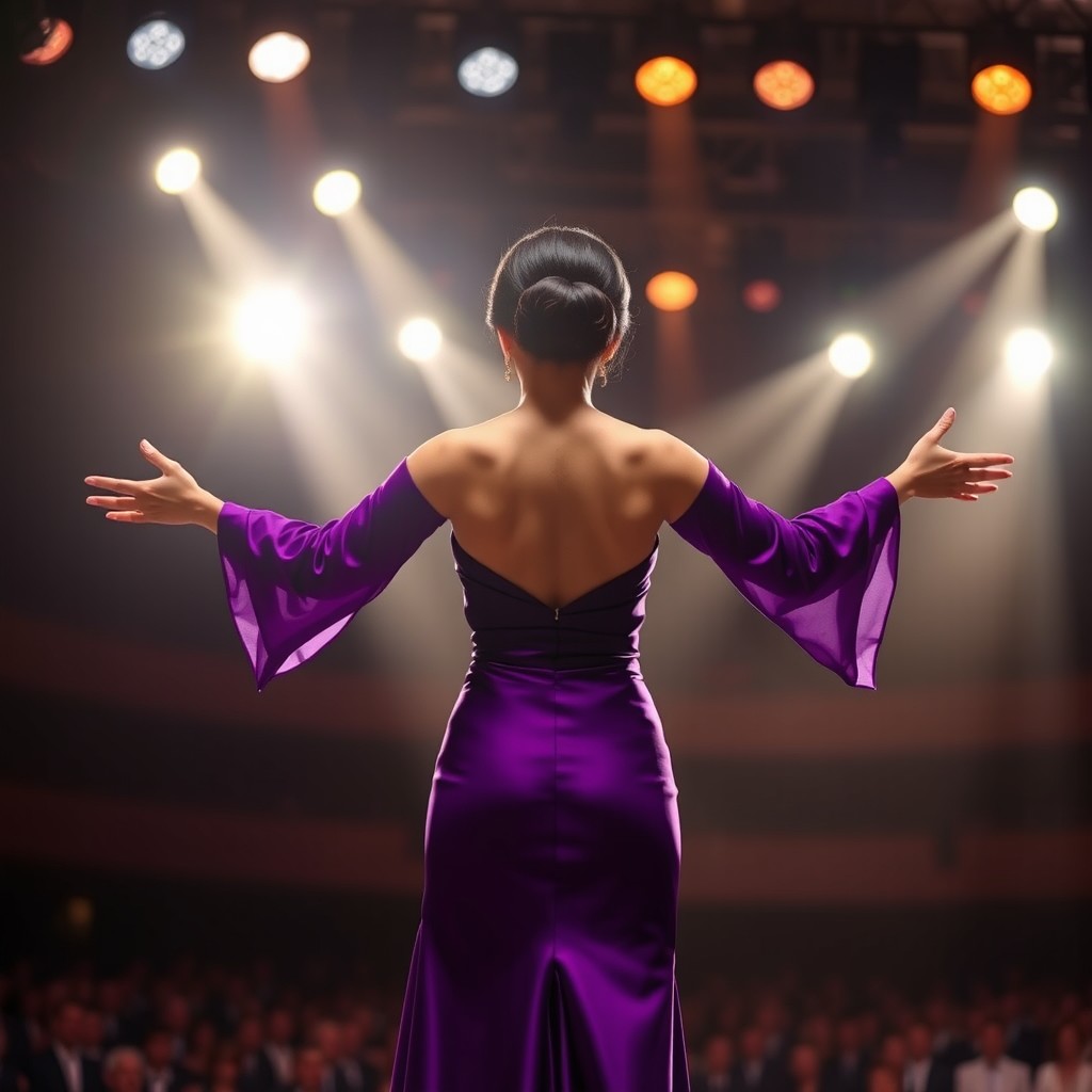 An Asian woman with a regal low chignon hairstyle, wearing an elegant purple gown, stands on a grand stage