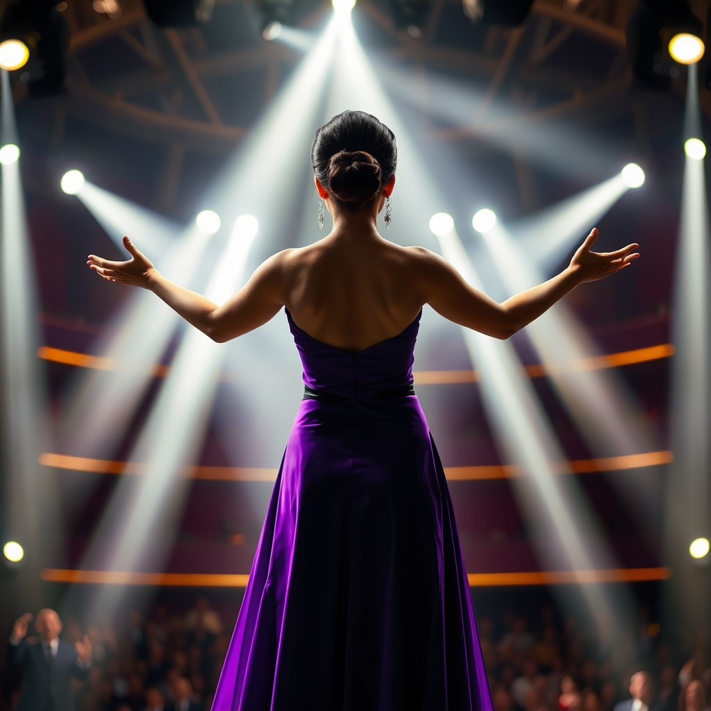 An Asian woman with a sophisticated chignon hairstyle, dressed in a flowing purple gown, stands on a grand stage