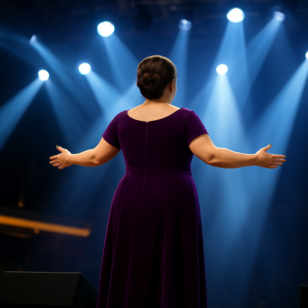 An Asian woman, slightly plump, with a sophisticated chignon hairstyle, elegantly dressed in a flowing purple gown, standing on a stage