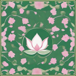 A green background featuring a pink lotus surrounded by small leaves, designed in a tile pattern.