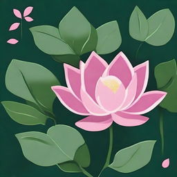 A design of a pink lotus surrounded by small leaves on a dark green background, patterned as a tile.