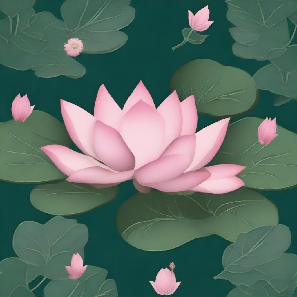 A design of a pink lotus surrounded by small leaves on a dark green background, patterned as a tile.