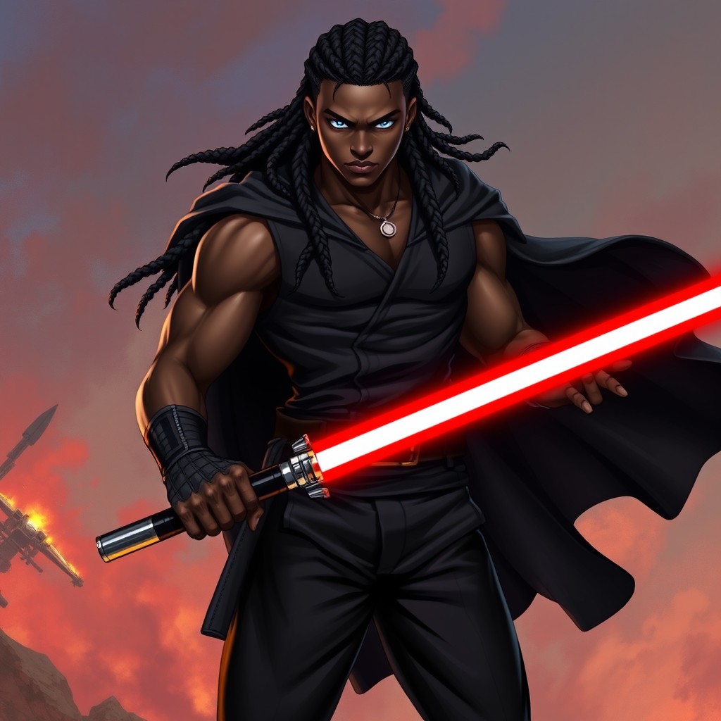 A powerful and striking character with rich black skin and mesmerizing blue eyes that shine with intensity and determination