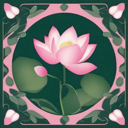 A design of a pink lotus surrounded by small leaves on a dark green background, patterned as a tile.