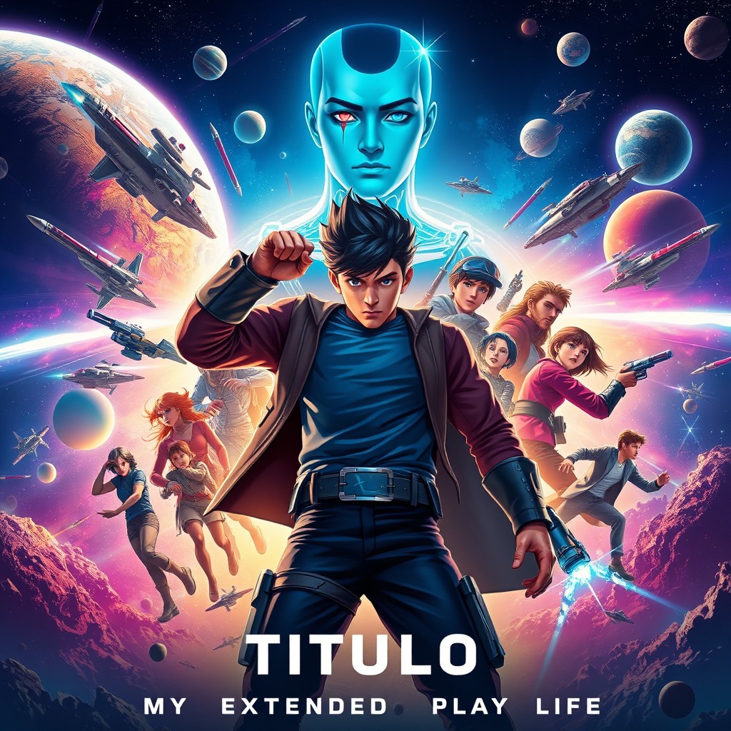 A vibrant and dynamic poster for 'Titulo My Extended Play Life', featuring the heroic protagonist Edward prominently in the center, embodying strength and determination