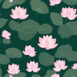 A design of a pink lotus surrounded by small leaves on a dark green background, patterned as a tile.