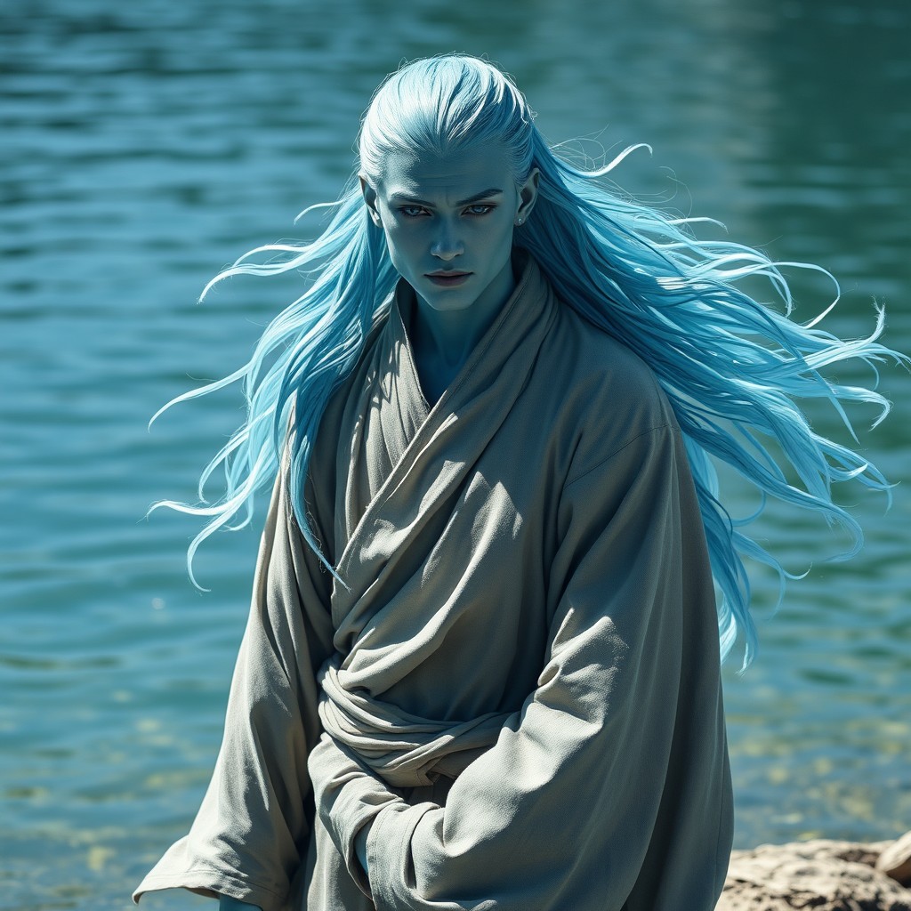 A male Water Genasi monk, characterized by his blue-hued skin, flowing water-like hair that cascades around him like gentle waves, and bright turquoise eyes that reflect wisdom and serenity