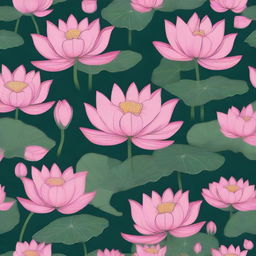 Multiple pink lotuses with leaves patterned in a tile design against a dark green background.