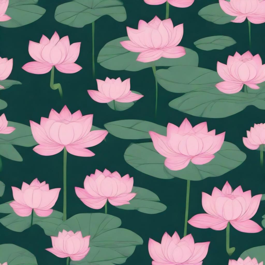 Multiple pink lotuses with leaves patterned in a tile design against a dark green background.