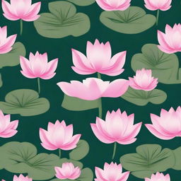 Multiple pink lotuses with leaves patterned in a tile design against a dark green background.