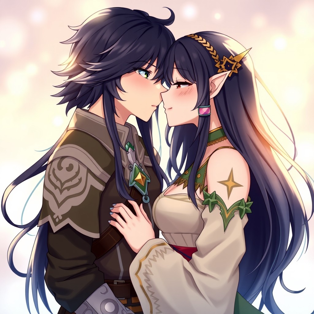 A beautiful and romantic scene featuring Neuvillette, a character with long black hair and eyes that are one green and one blue