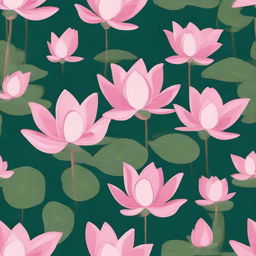 Multiple pink lotuses with leaves patterned in a tile design against a dark green background.