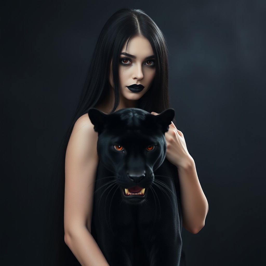 A beautiful gothic woman with long black hair reaching down to her waist, wearing black lipstick