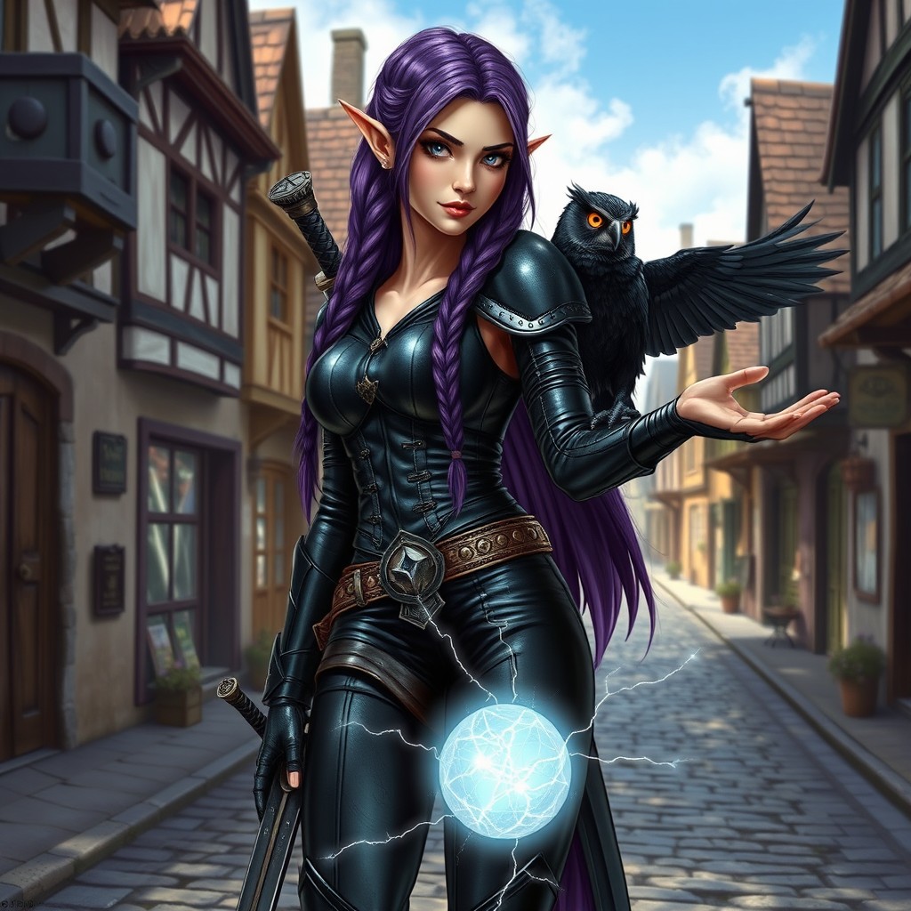 A tall, lean female elf wizard from Dungeons and Dragons with long, braided purple hair, wearing tight black leather armor that hugs her athletic frame