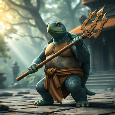A tortle monk with intricate storm-themed tattoos covering its shell and arms, showcasing swirling clouds and lightning designs