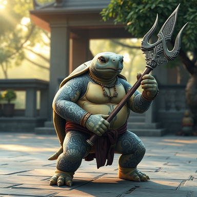 A tortle monk with intricate storm-themed tattoos covering its shell and arms, showcasing swirling clouds and lightning designs