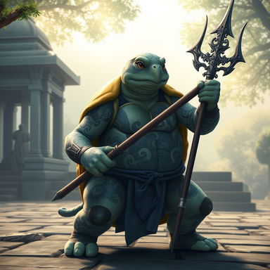 A tortle monk with intricate storm-themed tattoos covering its shell and arms, showcasing swirling clouds and lightning designs