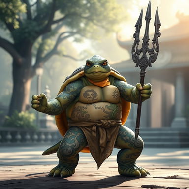 A tortle monk with intricate storm-themed tattoos covering its shell and arms, showcasing swirling clouds and lightning designs