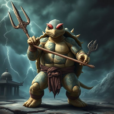 A fierce-looking tortle monk with storm-inspired tattoos intricately detailed on its shell and arms, showcasing swirling clouds and lightning designs