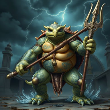 A fierce-looking tortle monk with storm-inspired tattoos intricately detailed on its shell and arms, showcasing swirling clouds and lightning designs