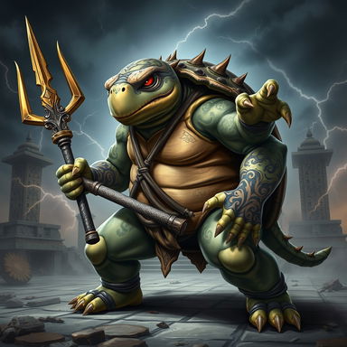 A fierce-looking tortle monk with storm-inspired tattoos intricately detailed on its shell and arms, showcasing swirling clouds and lightning designs