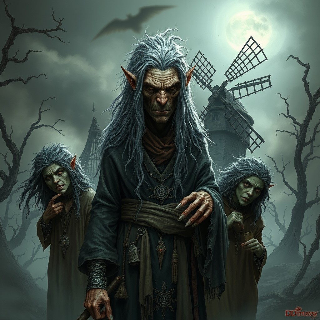 A captivating D&D fantasy art scene featuring three hags, with the oldest and most sinister looking hag presented as the mother of the two younger hags