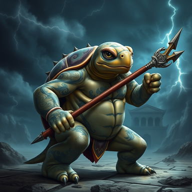 A fierce-looking tortle monk with storm-inspired tattoos intricately detailed on its shell and arms, showcasing swirling clouds and lightning designs