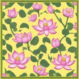 A tile pattern design featuring multiple pink lotuses with leaves on a bright yellow background.