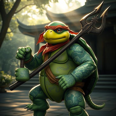 A tortle monk resembling a ninja turtle, showcasing storm-inspired tattoos intricately detailed across its shell and arms with swirling clouds and lightning designs