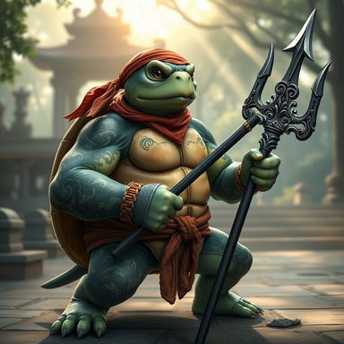 A tortle monk resembling a ninja turtle, showcasing storm-inspired tattoos intricately detailed across its shell and arms with swirling clouds and lightning designs