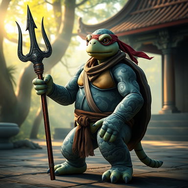 A tortle monk resembling a ninja turtle, showcasing storm-inspired tattoos intricately detailed across its shell and arms with swirling clouds and lightning designs