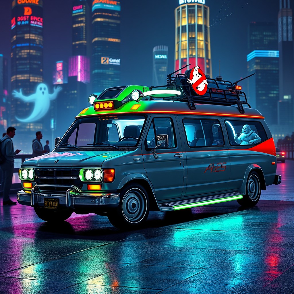 A futuristic Ghostbusters van, sleek and streamlined design, with neon accents and advanced technology embedded into the exterior