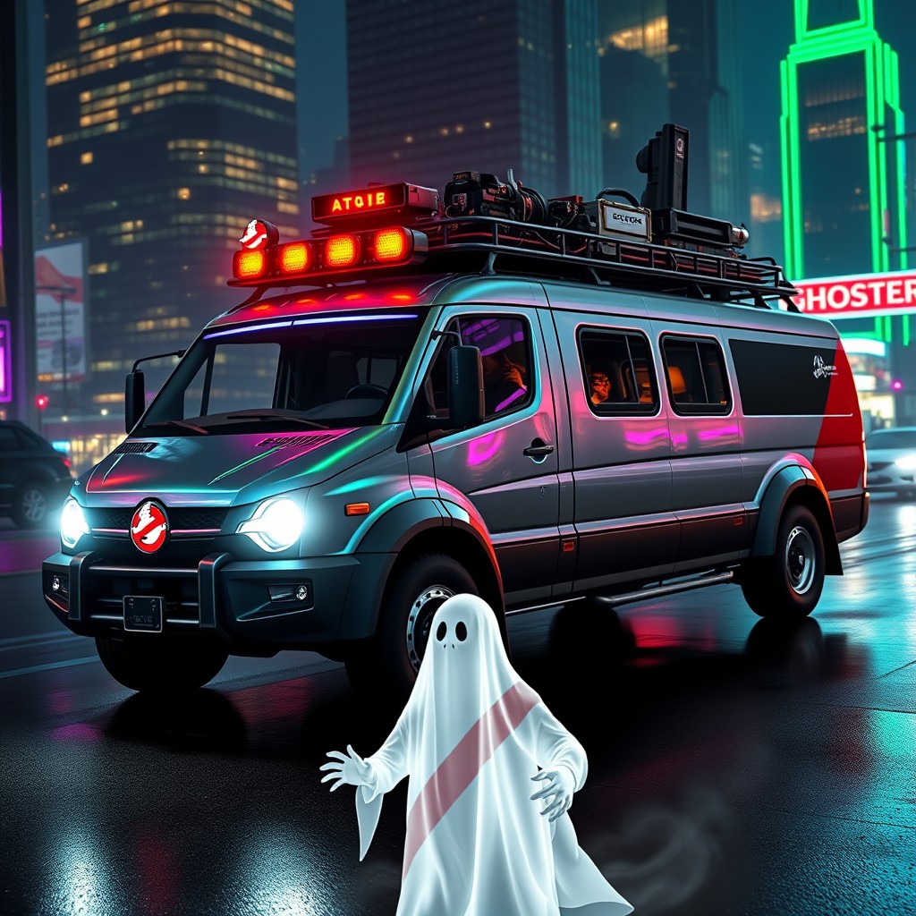 A futuristic Ghostbusters truck with sleek, modern designs, featuring an iridescent exterior that glows softly in the dark, equipped with high-tech ghost-hunting gadgets on top