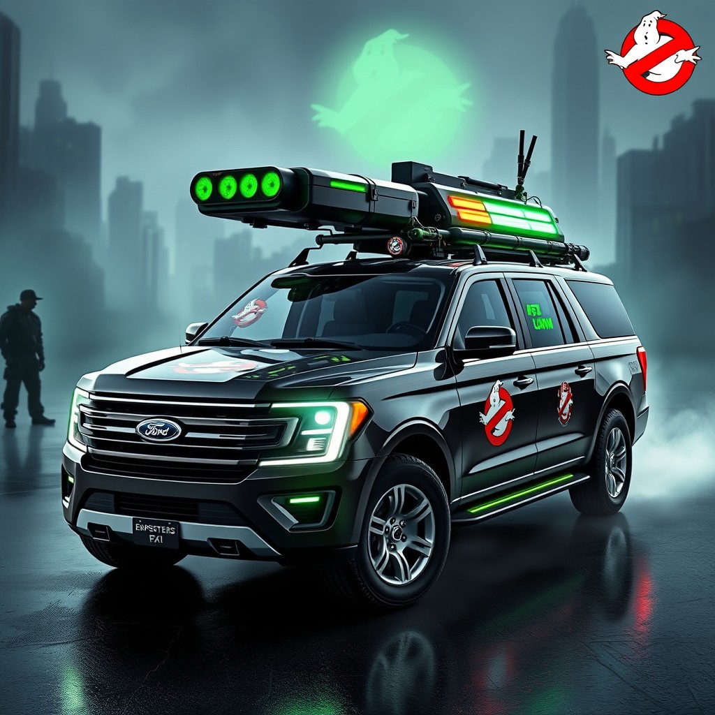 A futuristic Ford Expedition designed as a Ghostbusters vehicle, featuring a sleek, aerodynamic body with a glossy black and neon green color scheme
