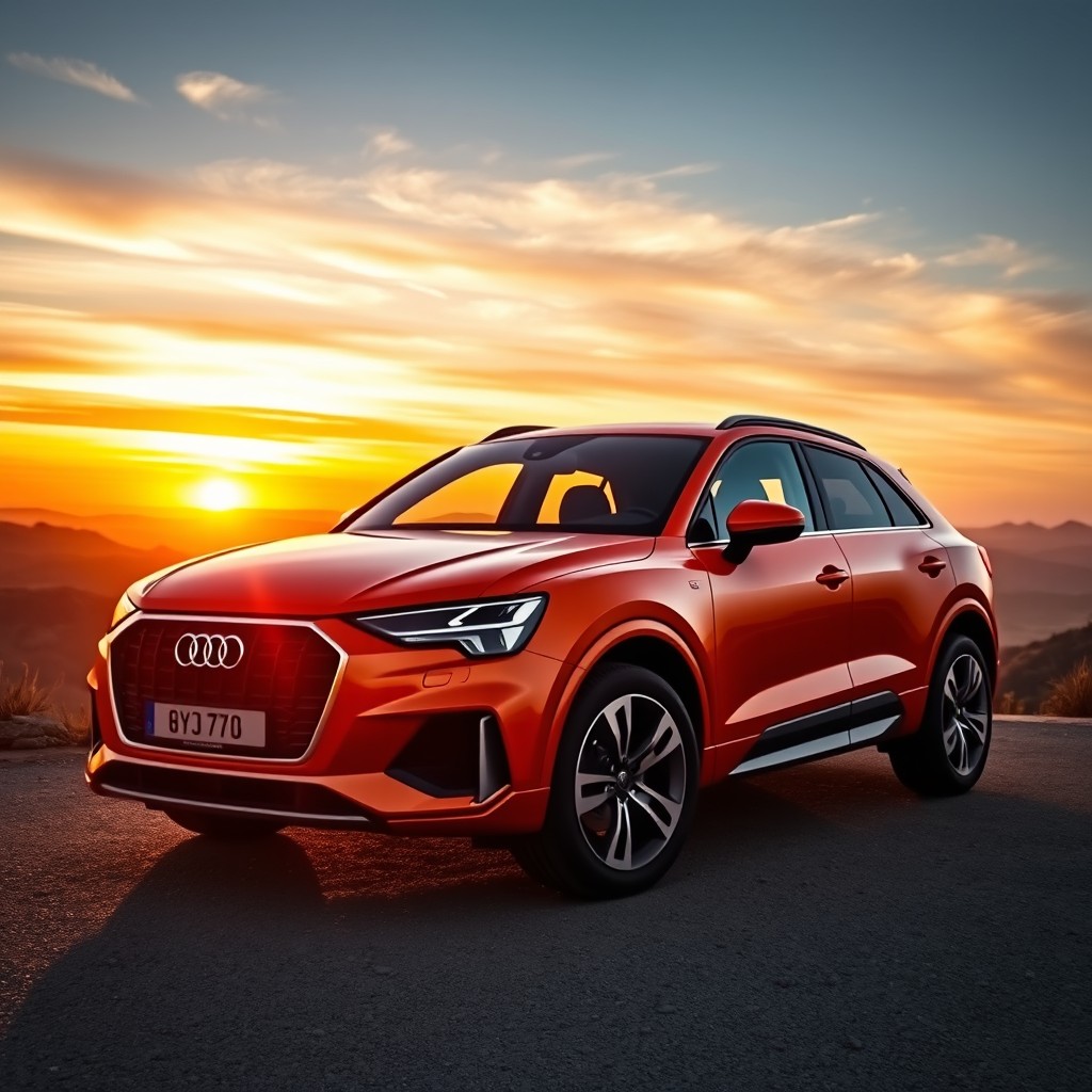 A sleek and modern Audi Q2 parked on a scenic overlook with rolling hills in the background during sunset