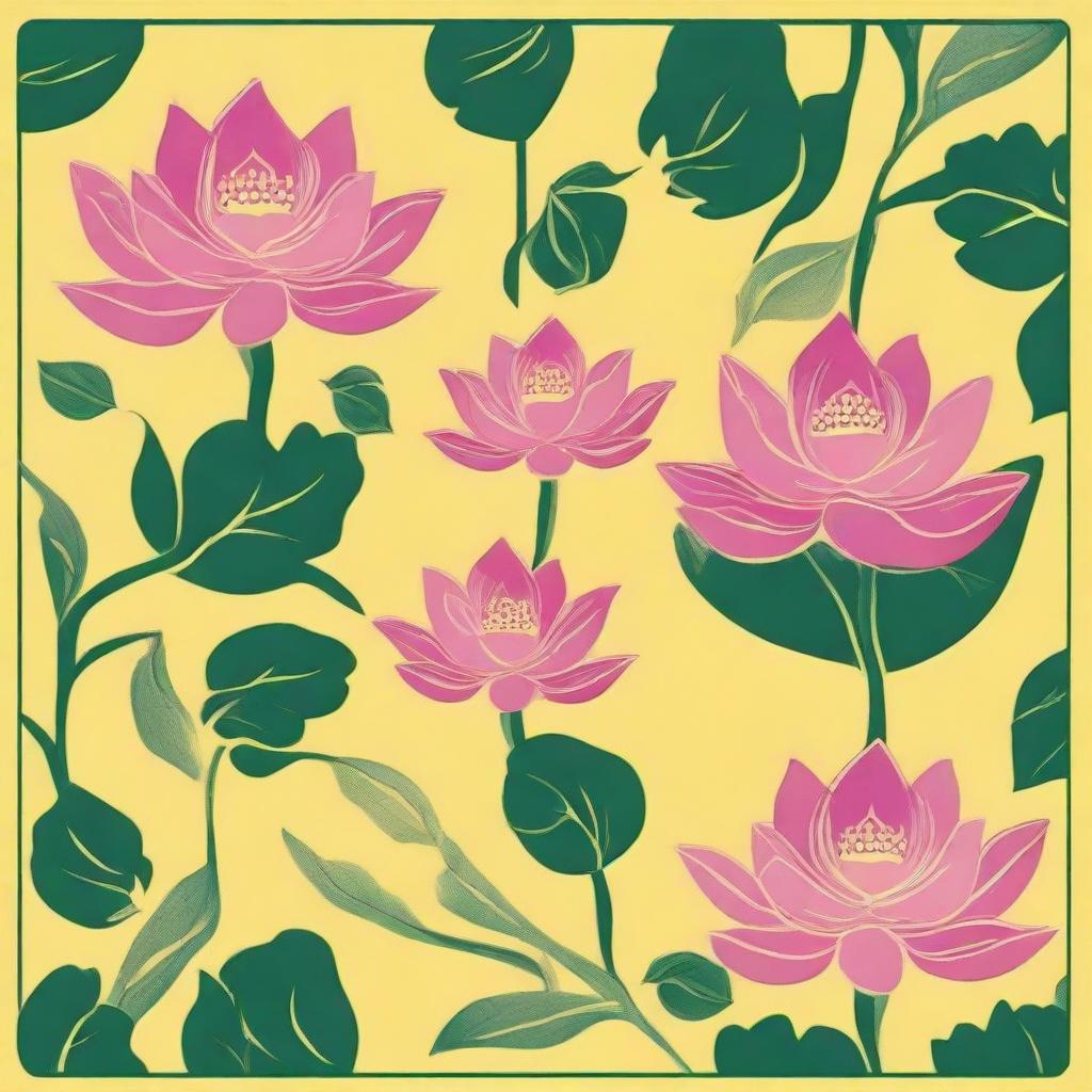 A tile pattern design featuring multiple pink lotuses with leaves on a bright yellow background.