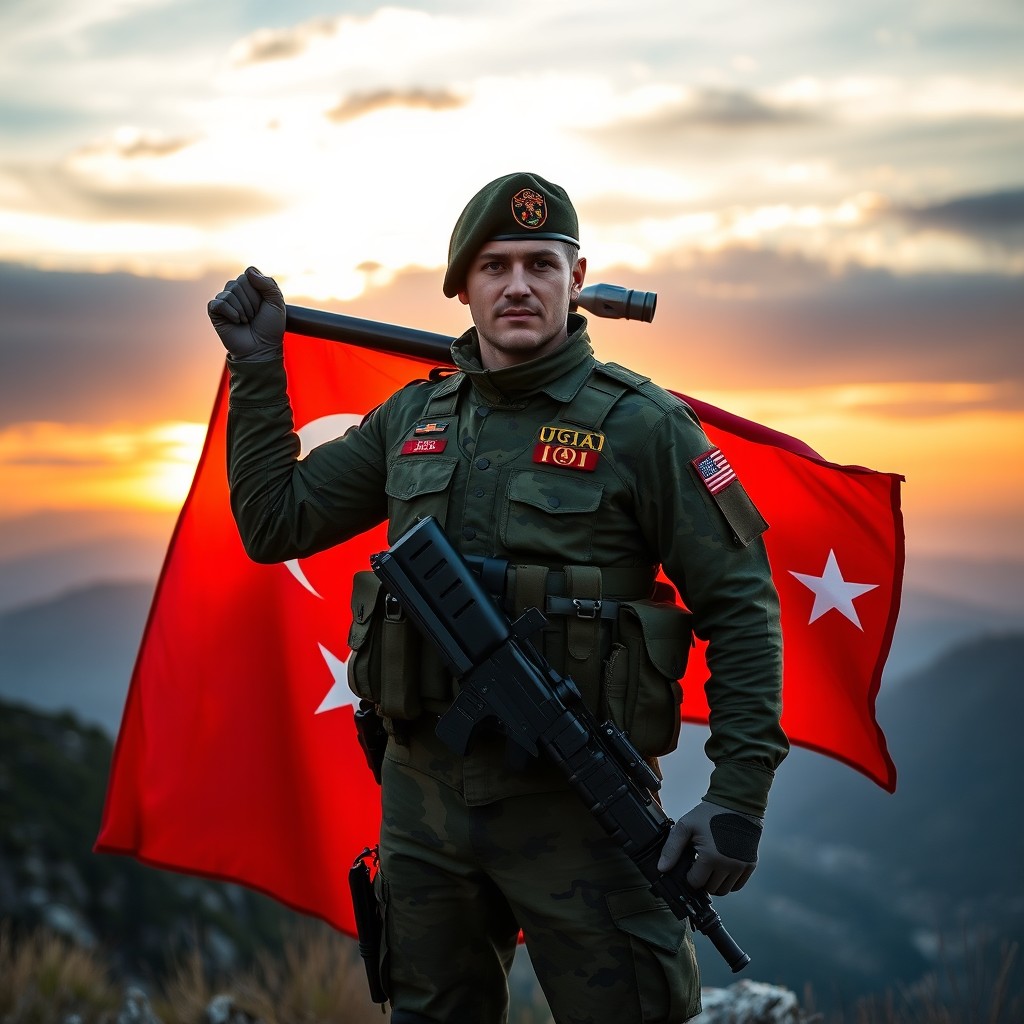 A strong and determined Turkish soldier standing proudly with a modern military uniform, holding a national flag, in a powerful pose