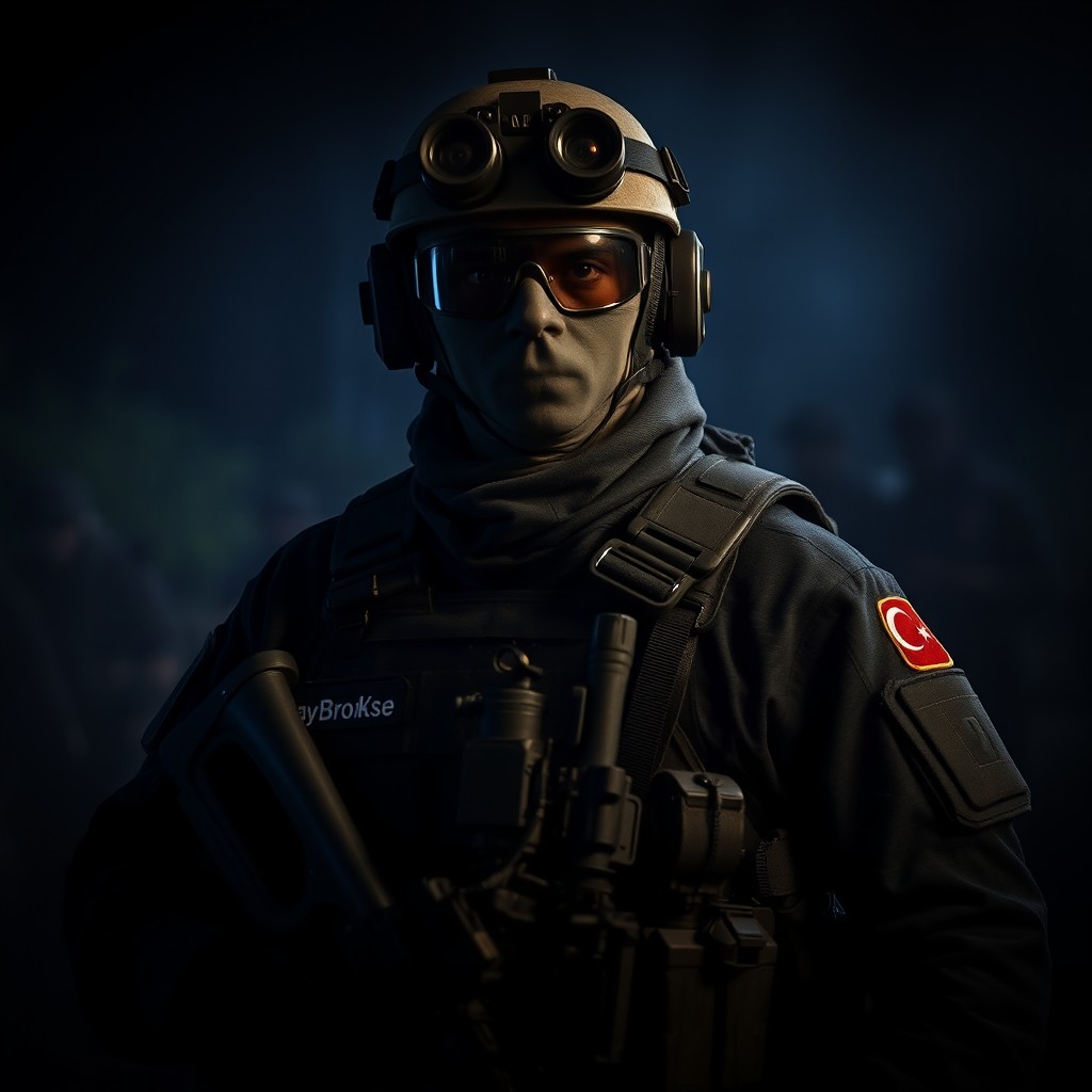 A Turkish special operations soldier in a dark-themed setting, equipped with night vision goggles and tactical gear