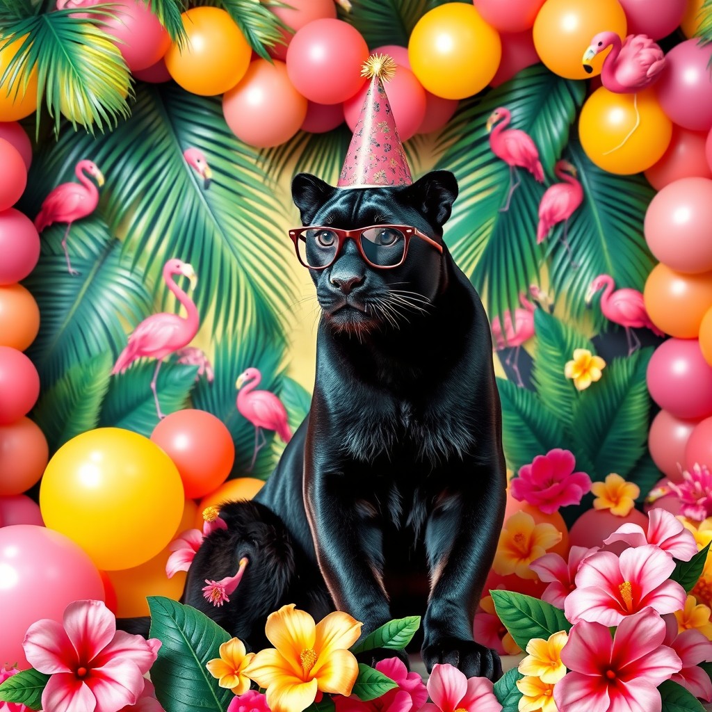 A majestic black panther sitting gracefully in front of a vibrant tropical-themed balloon garland, adorned with colorful flamingos and lush hibiscus flowers