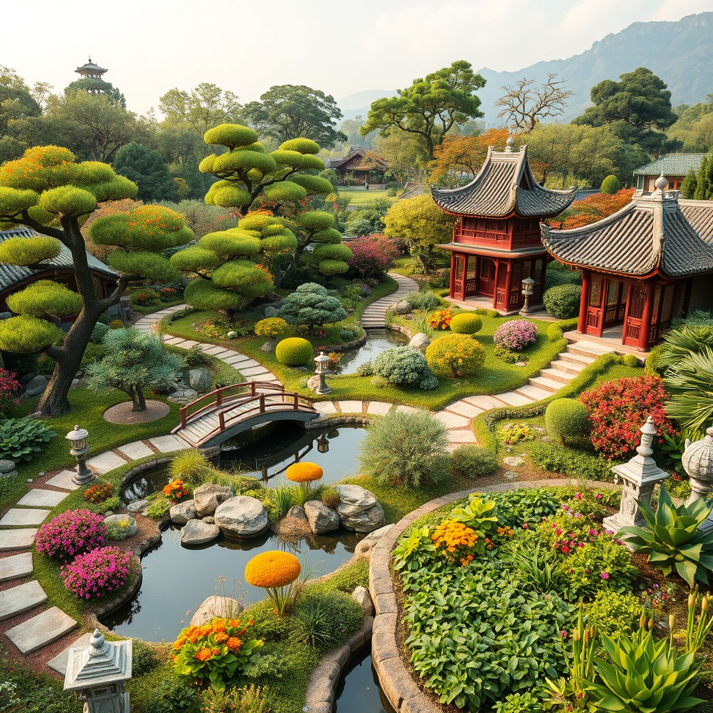 A beautifully landscaped Chinese garden designed on a 1000 square meter area, featuring traditional Chinese elements such as elegant koi ponds, carefully manicured bonsai trees, vibrant flowering plants, winding stone paths, and ornate wooden bridges