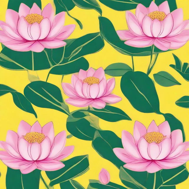 A tile pattern design featuring multiple pink lotuses with leaves on a bright yellow background.