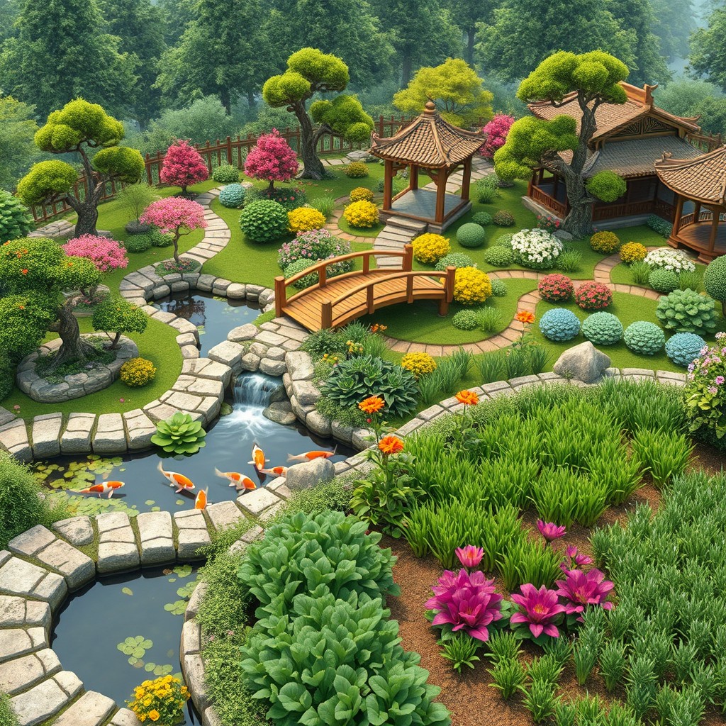 A realistic depiction of a Chinese garden designed on a 1000 square meter area, showcasing traditional agricultural elements