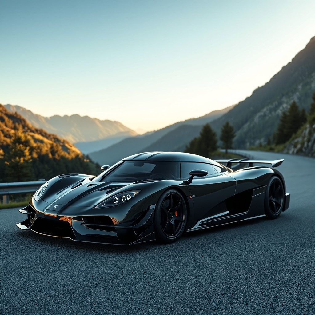 A stunning Koenigsegg Jesko supercar parked on a winding mountain road, showcasing its sleek aerodynamic design with a glossy finish reflecting the sunlight