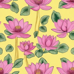 A tile pattern design featuring multiple pink lotuses with leaves on a bright yellow background.