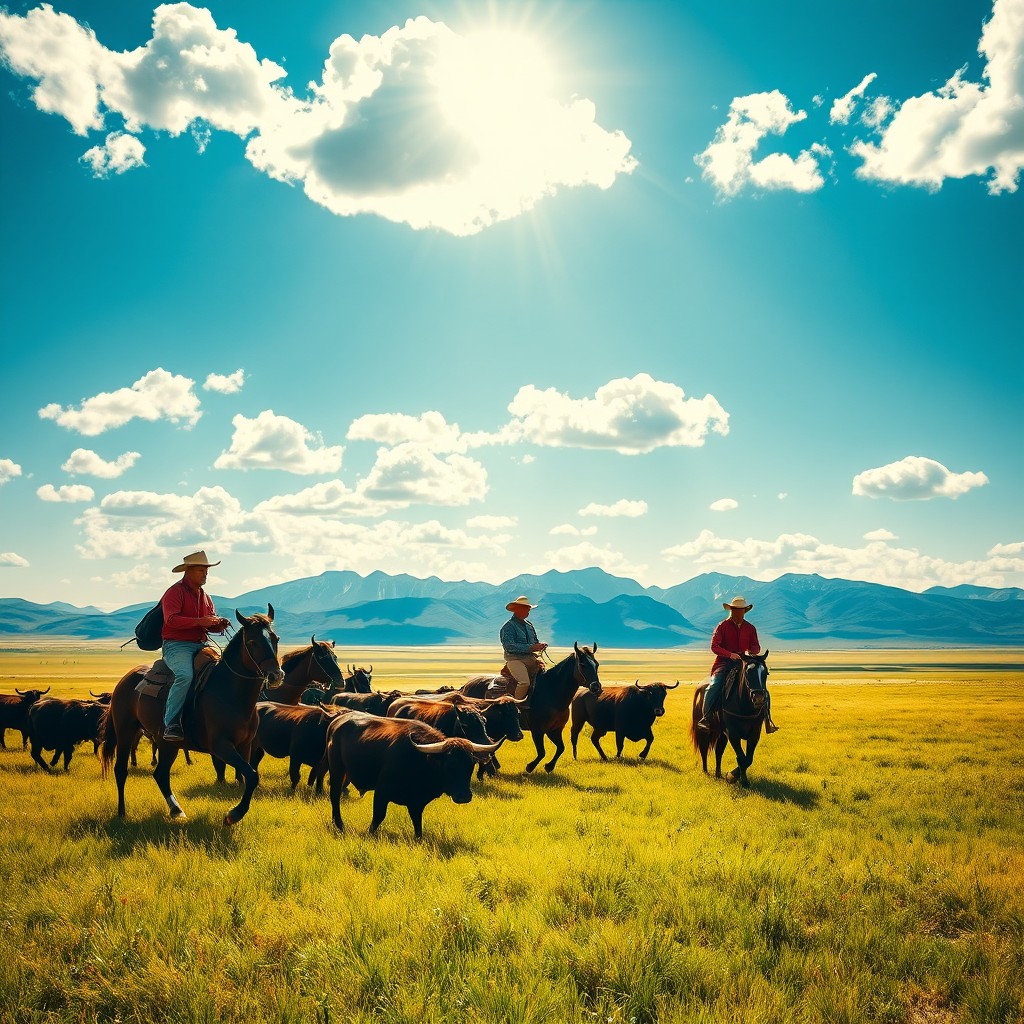 A dynamic scene of cowboys herding a group of bulls across a sprawling landscape