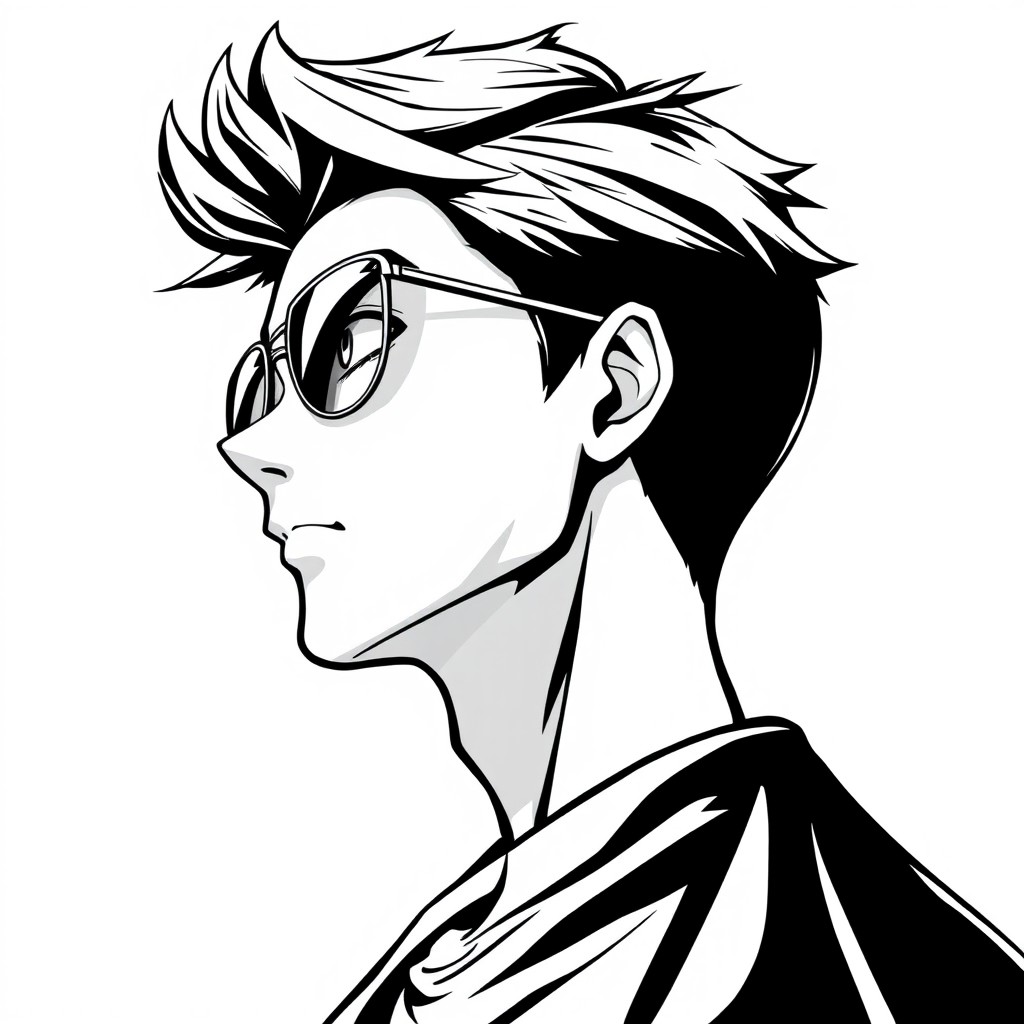 A striking black and white anime-style profile picture of a young man with cool aviator glasses