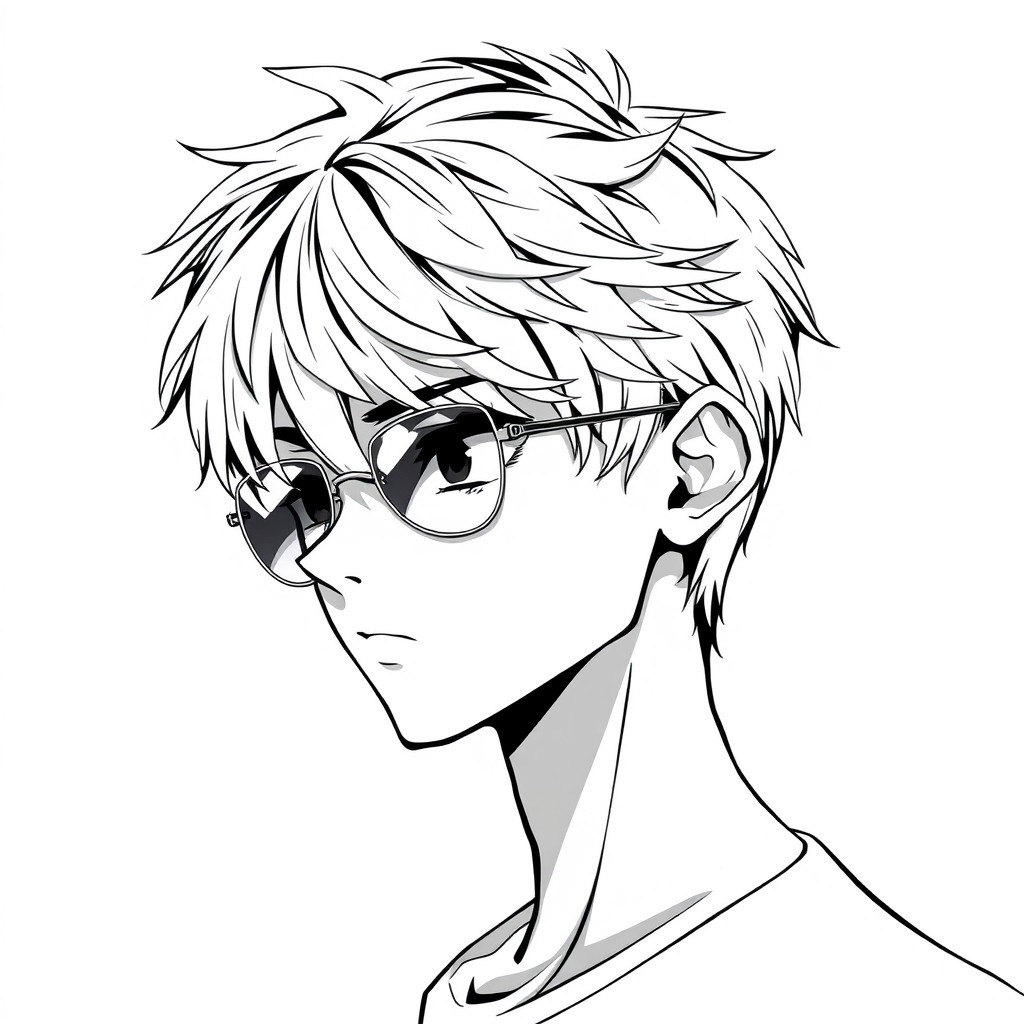 A captivating black and white anime-style profile picture of a young man with short, messy hair partially covering his face, conveying a sense of mystery