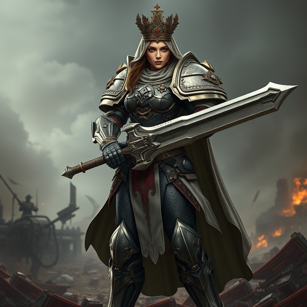 A striking female Sister of Battle, clad in ornate power armor with intricate details, confidently wielding a massive eviscerator chain sword