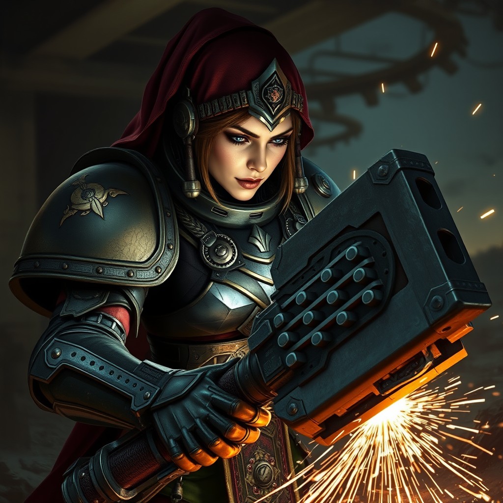 A female Sister of Battle from Warhammer 40,000, wearing ornate power armor, passionately engaged in the act of welding her massive eviscerator warhammer
